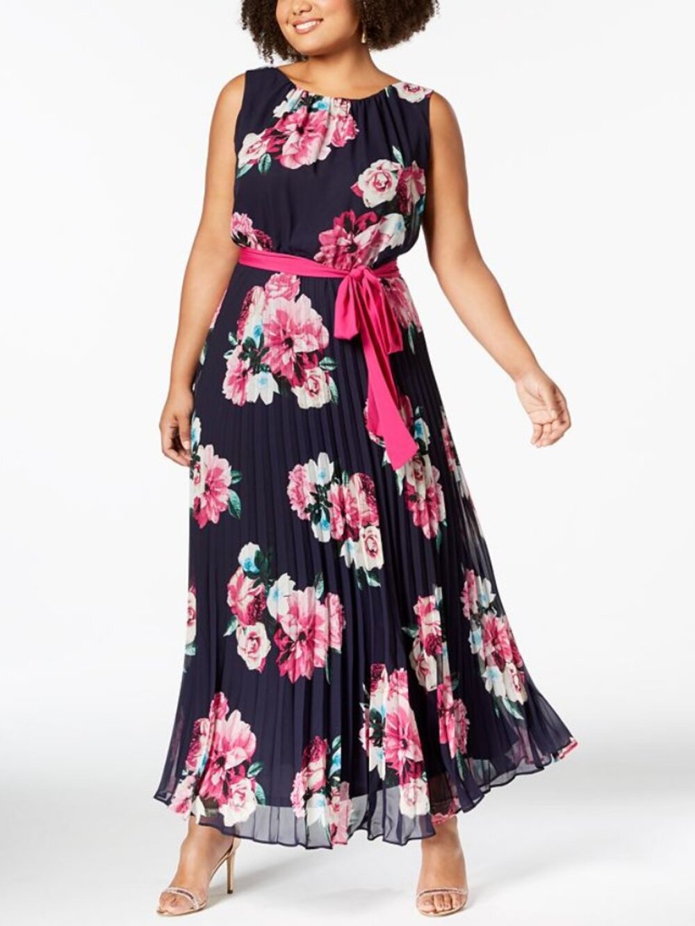 Pink blossoms Floral pleated maxi dress with pink waist tie size 12